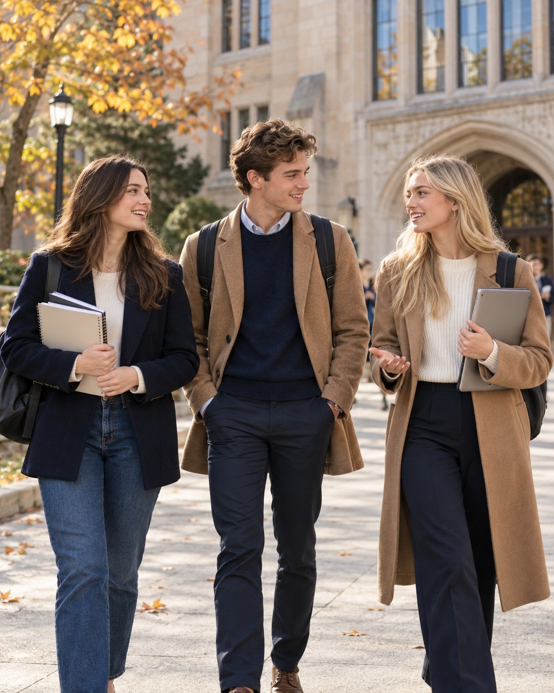 Three students with backpacks and study materials on a university campus